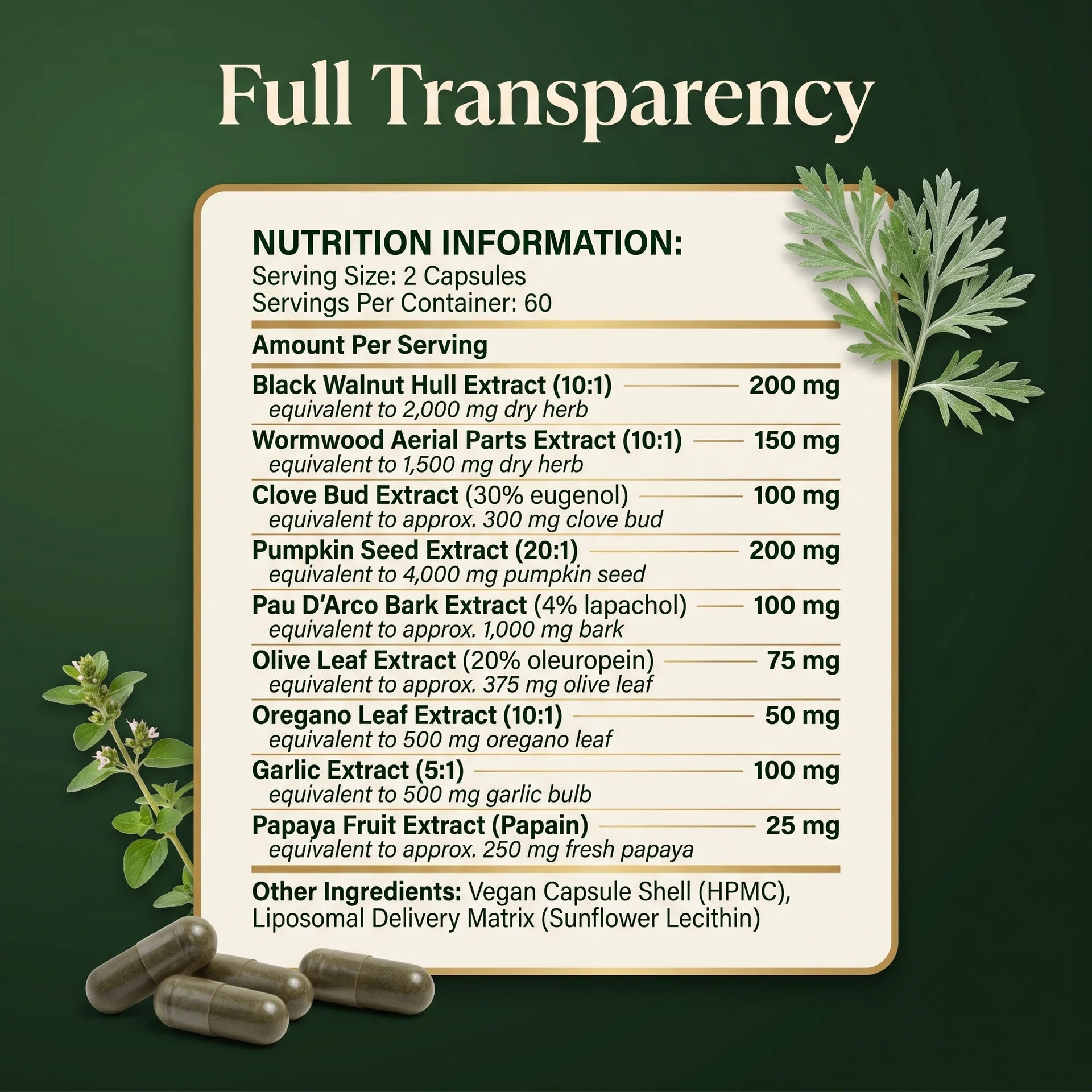 Liposomal parasite cleanse supplement facts label, 120 vegan capsules, 60 servings, 9 standardised herbal extracts with sunflower lecithin delivery.