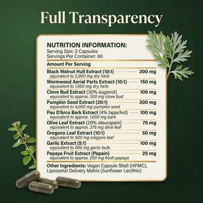 Liposomal parasite cleanse supplement facts label, 120 vegan capsules, 60 servings, 9 standardised herbal extracts with sunflower lecithin delivery.