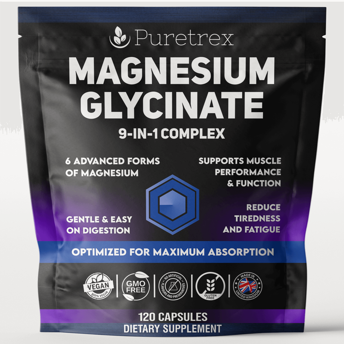 PURETREX Magnesium Glycinate 9-in-1 Complex supplement pouch with six forms of magnesium, 120 capsules supporting muscle function, energy, and fatigue reduction