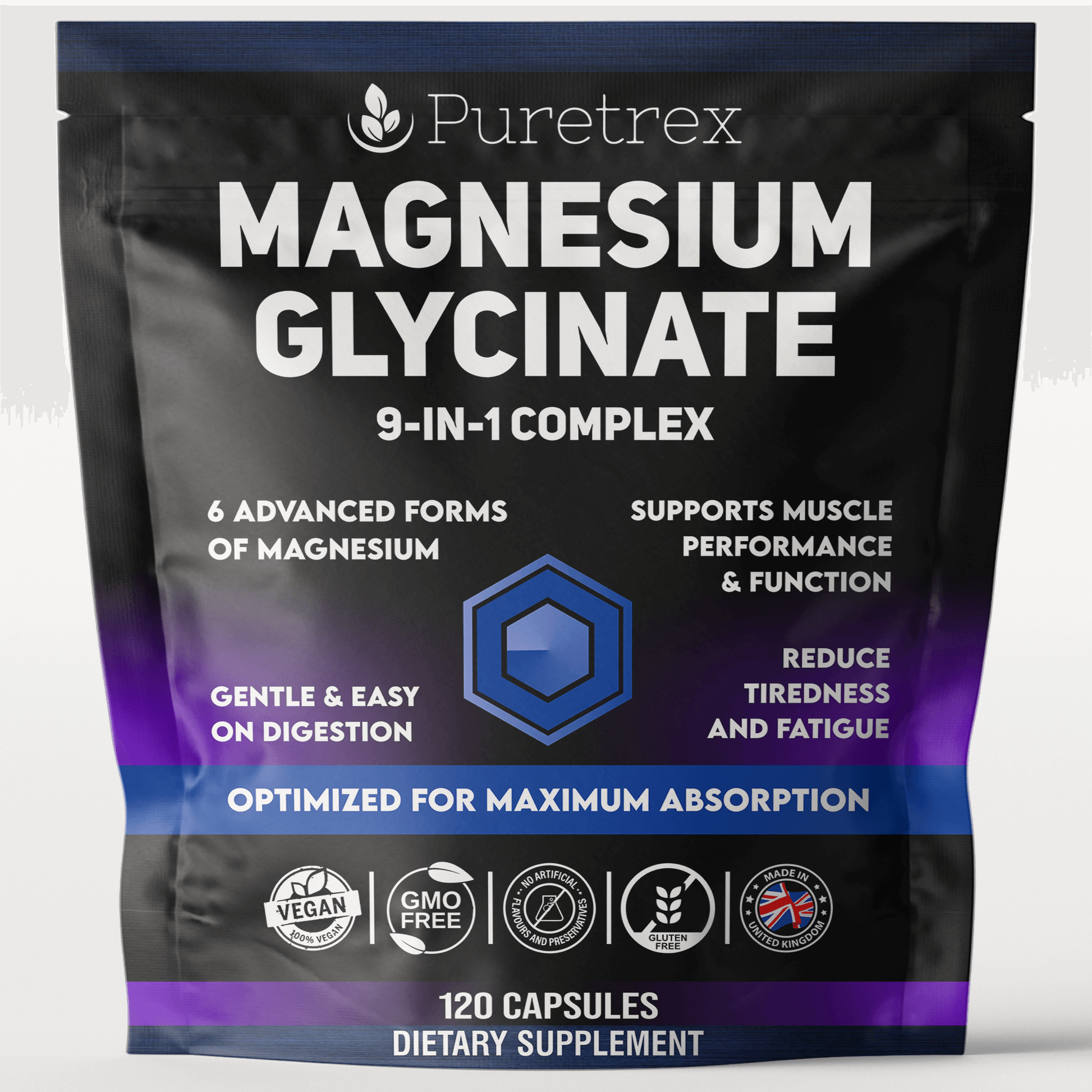 PURETREX Magnesium Glycinate 9-in-1 Complex supplement pouch with six forms of magnesium, 120 capsules supporting muscle function, energy, and fatigue reduction