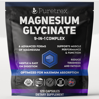PURETREX Magnesium Glycinate 9-in-1 Complex supplement pouch with six forms of magnesium, 120 capsules supporting muscle function, energy, and fatigue reduction