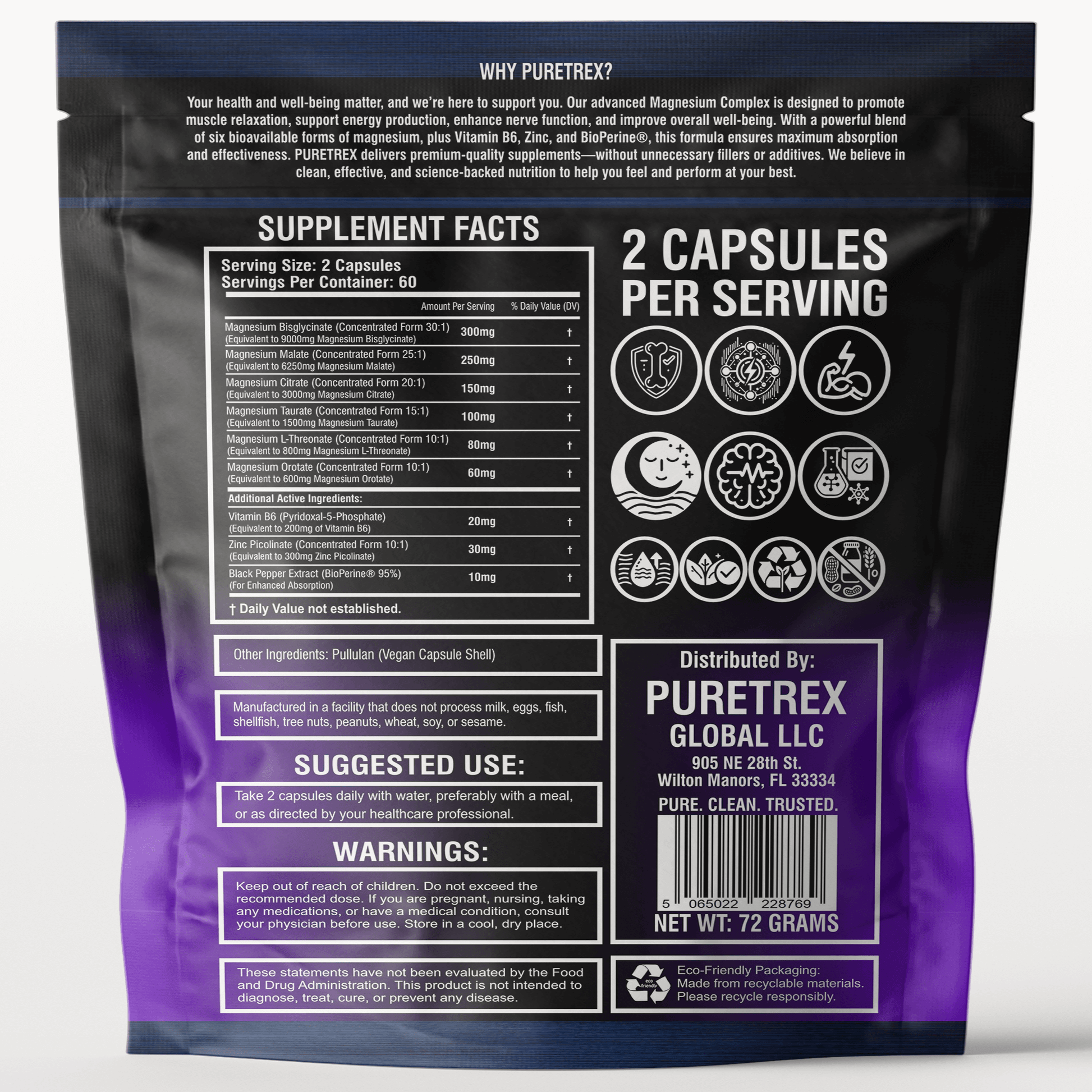 Supplement Facts for PURETREX Magnesium Glycinate 9-in-1 Complex showing dosage, ingredients, and nutritional composition