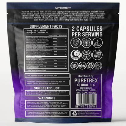 Supplement Facts for PURETREX Magnesium Glycinate 9-in-1 Complex showing dosage, ingredients, and nutritional composition
