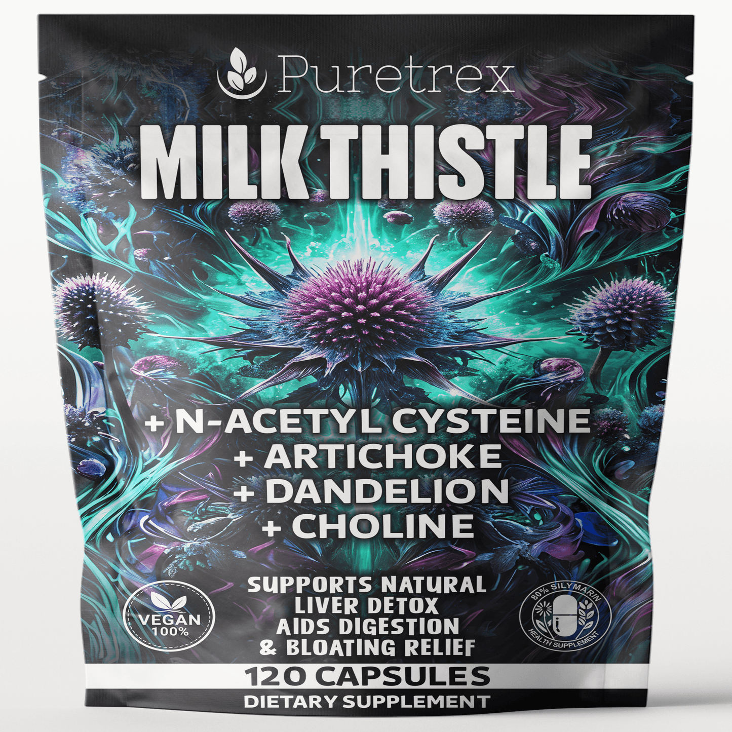 PURETREX Milk Thistle Liver Detox Complex supplement pouch with N-Acetyl Cysteine, Artichoke, Dandelion, and Choline, 120 vegan capsules for liver cleanse and digestion support