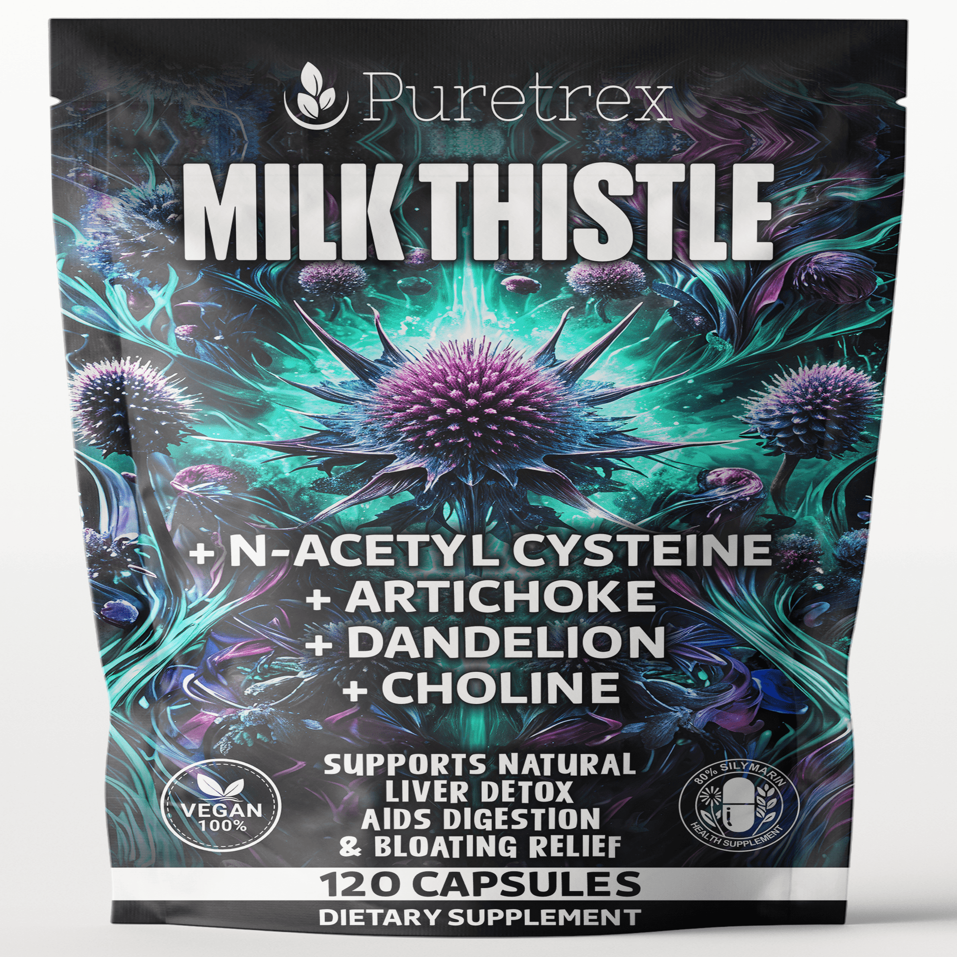 PURETREX Milk Thistle Liver Detox Complex supplement pouch with N-Acetyl Cysteine, Artichoke, Dandelion, and Choline, 120 vegan capsules for liver cleanse and digestion support