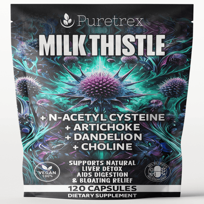 PURETREX Milk Thistle Liver Detox Complex supplement pouch with N-Acetyl Cysteine, Artichoke, Dandelion, and Choline, 120 vegan capsules for liver cleanse and digestion support