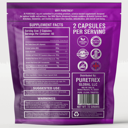 Supplement Facts for PURETREX Milk Thistle Liver Detox Complex showing dosage, ingredients, and nutritional information