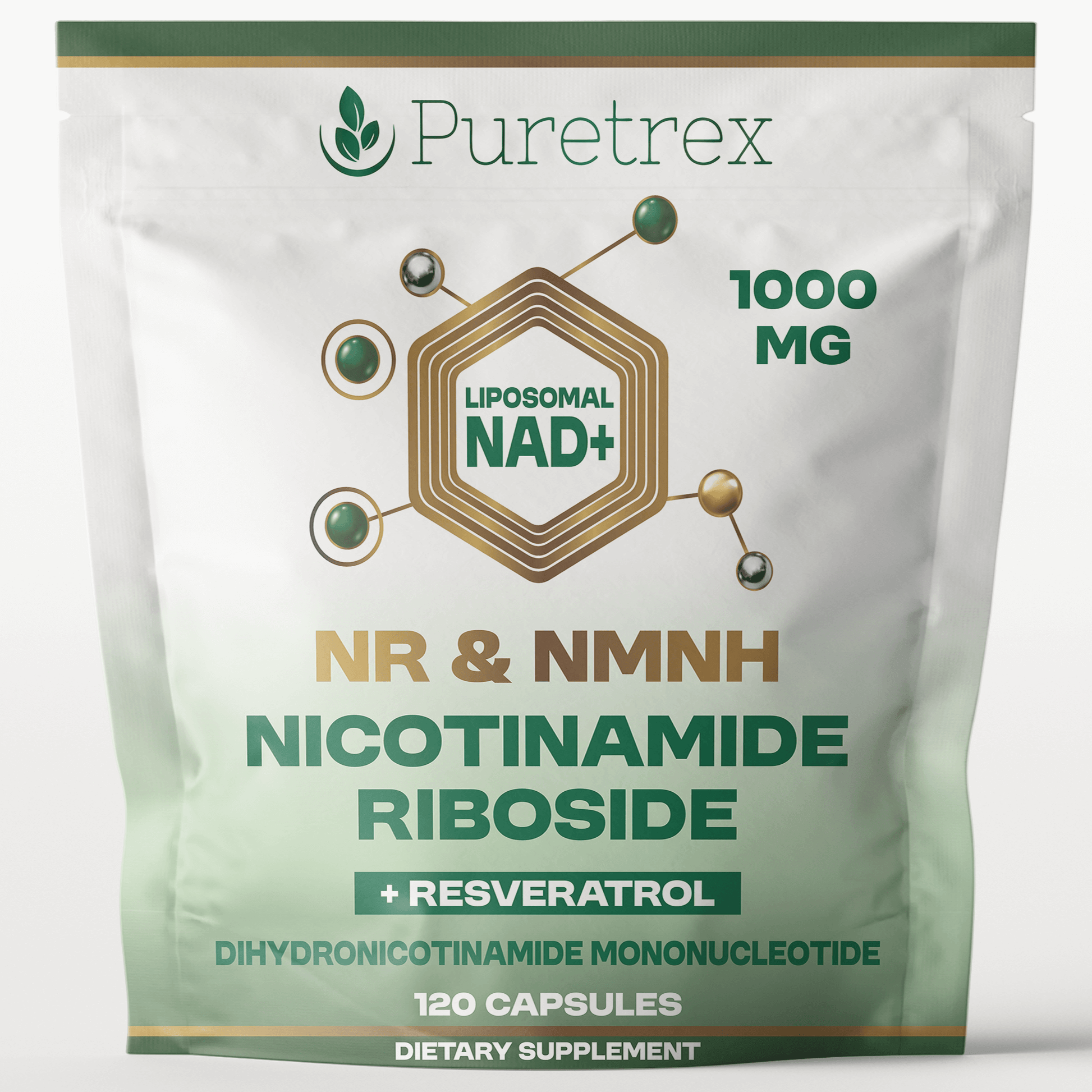 PURETREX NAD+ Liposomal NR & NMNH Nicotinamide Riboside and Resveratrol 1000mg supplement pouch, 120 capsules for cellular energy and anti-aging support