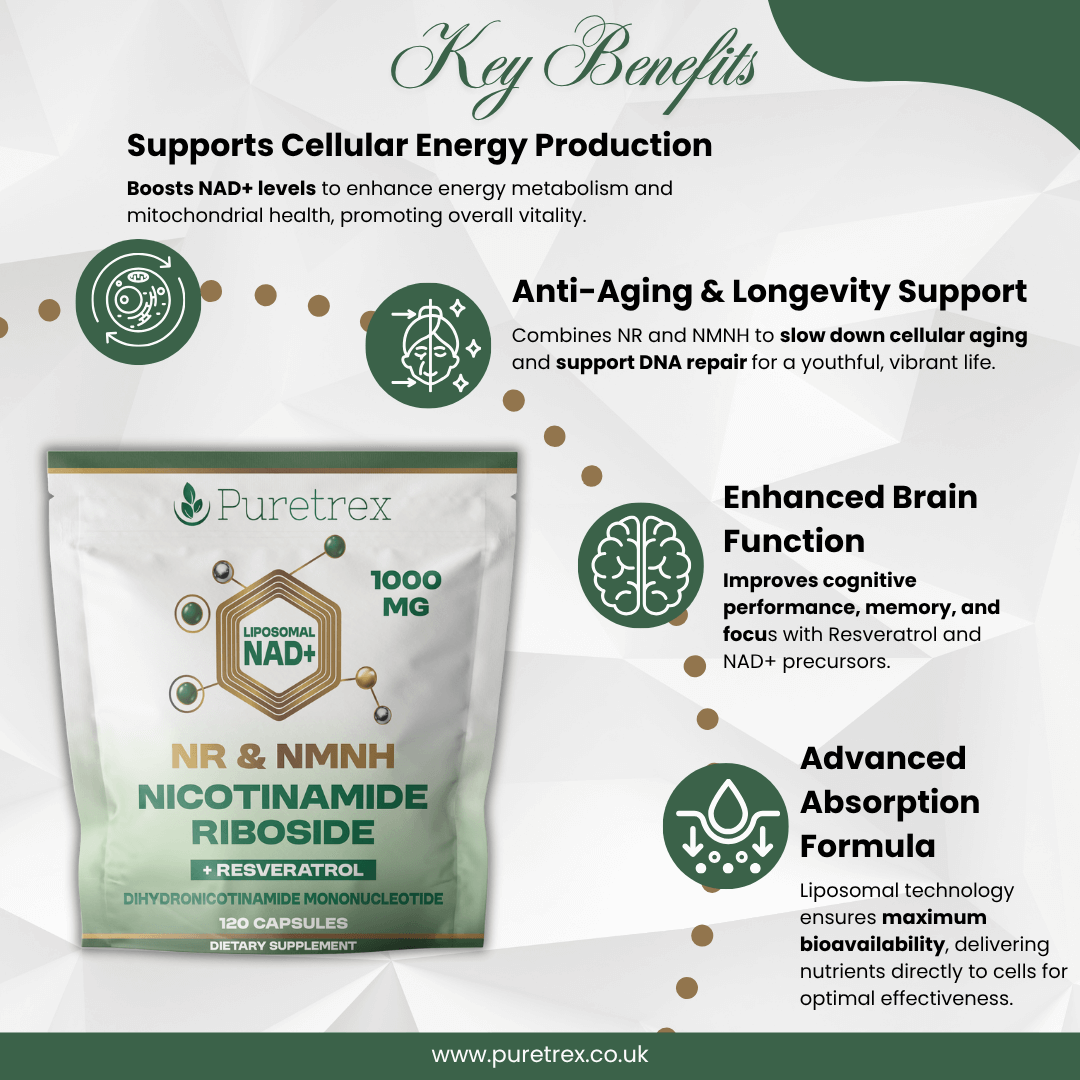 PURETREX NAD+ Liposomal NR & NMNH benefits graphic showing energy, longevity, mitochondrial support, and healthy aging advantages