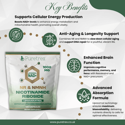 PURETREX NAD+ Liposomal NR & NMNH benefits graphic showing energy, longevity, mitochondrial support, and healthy aging advantages