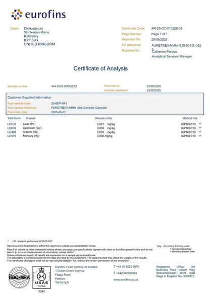 Certificate of Analysis for PURETREX NAD+ Liposomal NR & NMNH supplement confirming purity, potency, and third-party lab testing