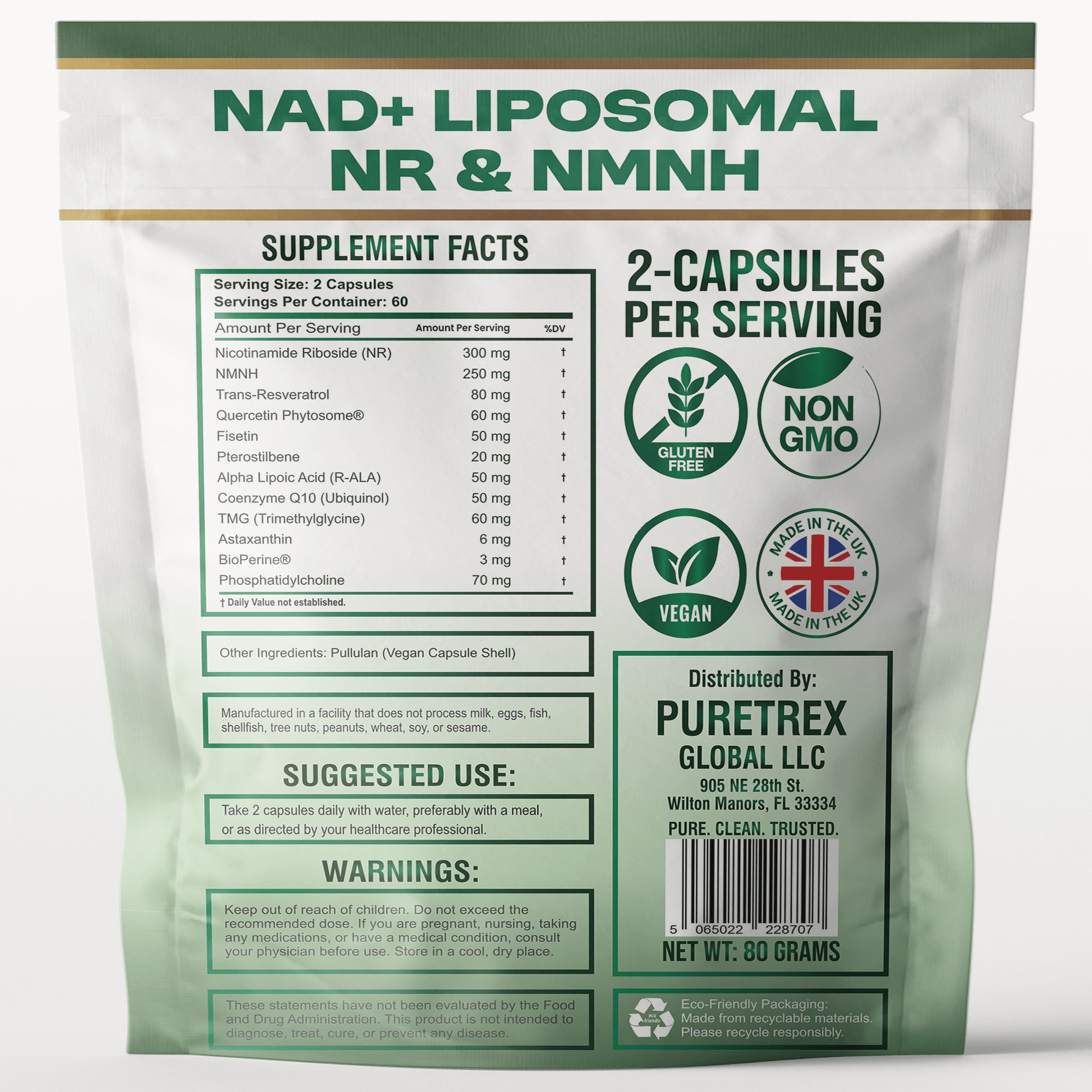 Supplement Facts for PURETREX NAD+ Liposomal NR & NMNH Nicotinamide Riboside with Resveratrol showing ingredients, dosage, and nutritional details