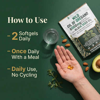 How to take Puretrex wild oil of oregano — 2 vegan softgels once daily with a meal for immune support, daily use with no cycling needed.