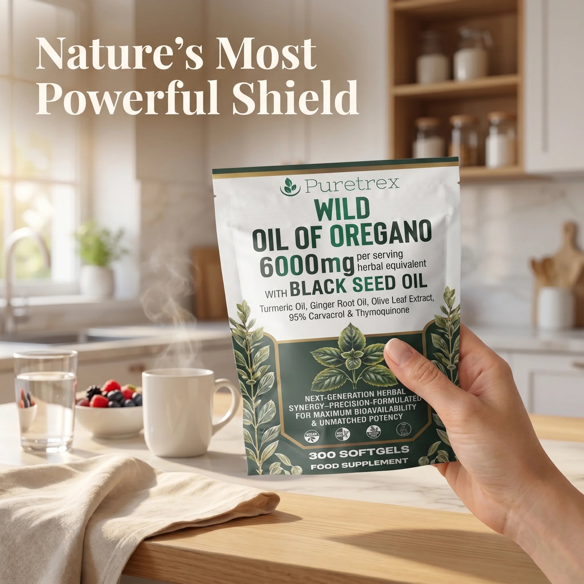 Puretrex wild oil of oregano 6000mg with black seed oil, turmeric, ginger and olive leaf extract, 300 vegan softgels herbal immune supplement.