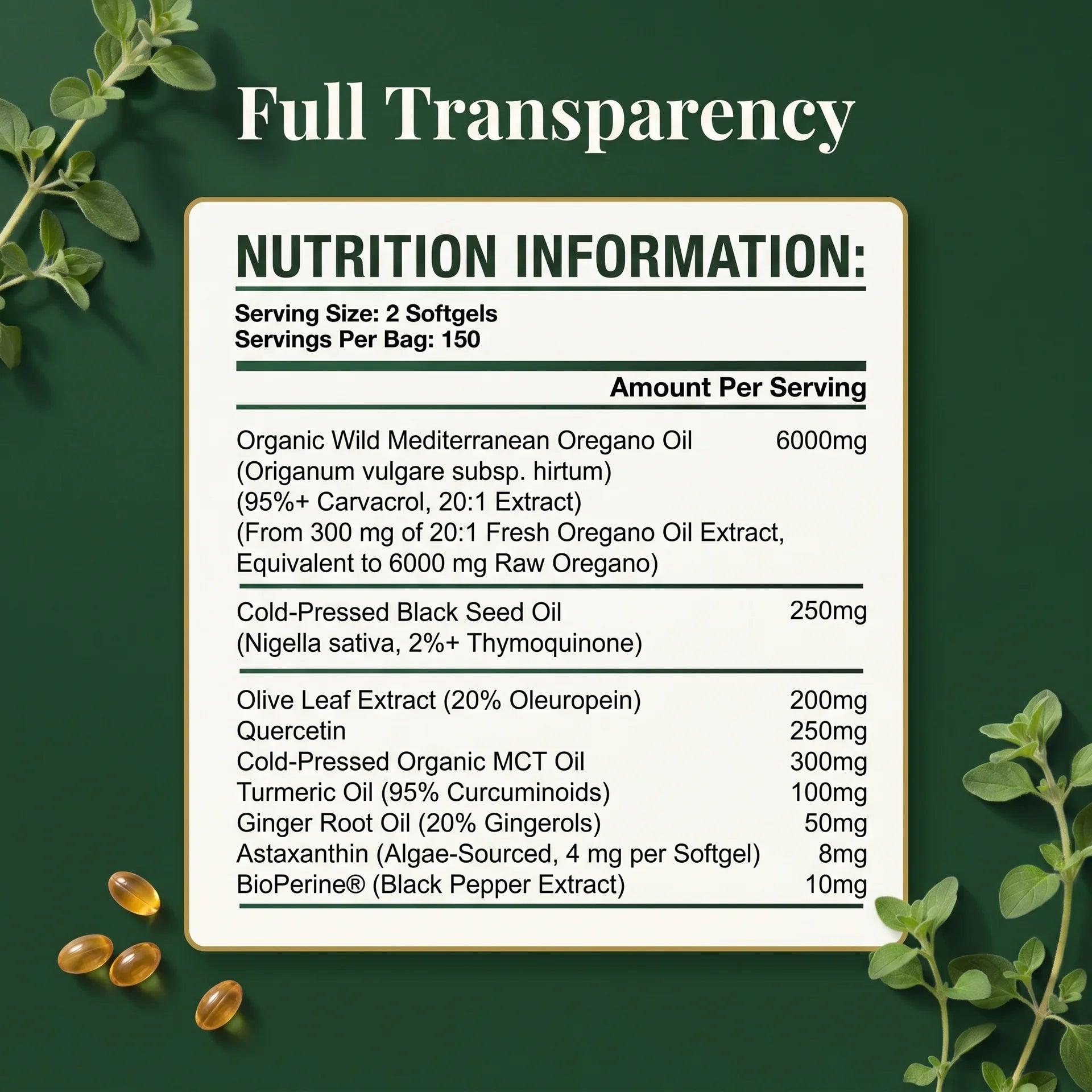 Wild Mediterranean oregano oil supplement facts label, 300 vegan softgels, 150 servings, with quercetin, MCT oil and astaxanthin.