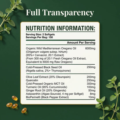 Wild Mediterranean oregano oil supplement facts label, 300 vegan softgels, 150 servings, with quercetin, MCT oil and astaxanthin.
