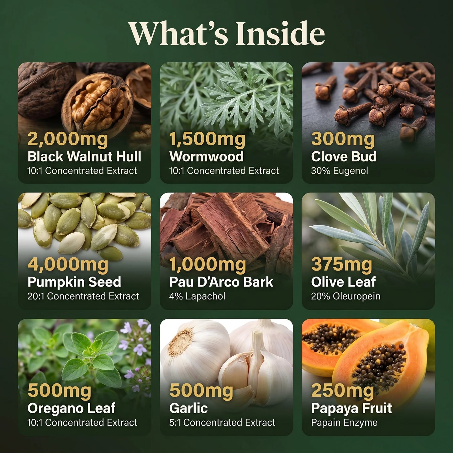 Parasite cleanse ingredients: 2000mg black walnut hull, 1500mg wormwood, 300mg clove bud, 4000mg pumpkin seed, pau d'arco, olive leaf, garlic and papaya.