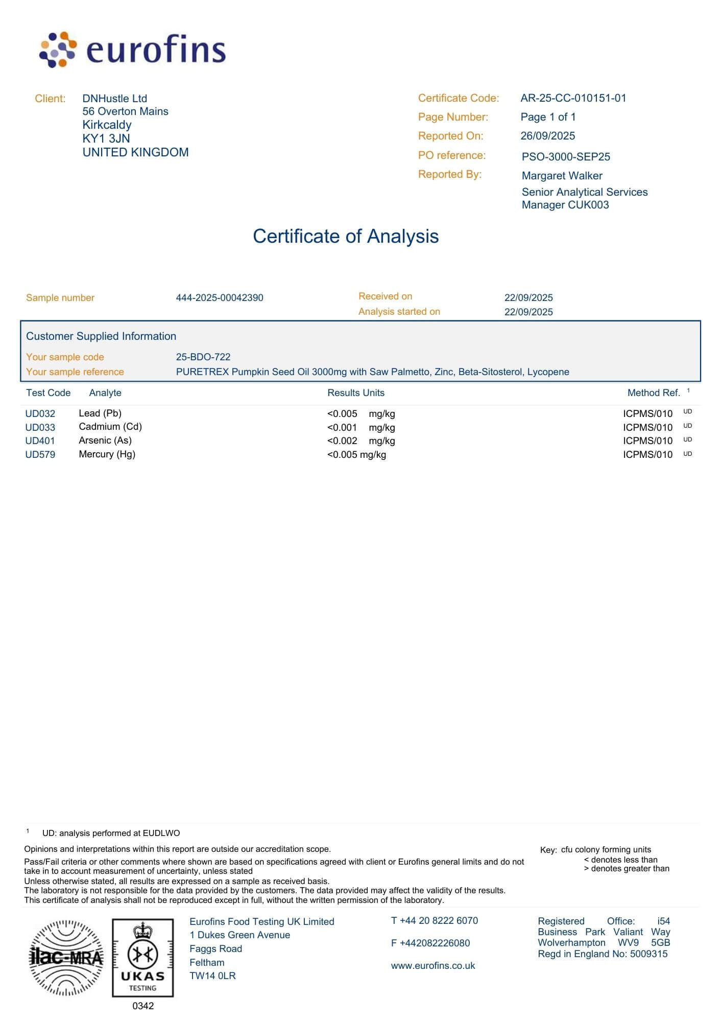 Certificate of Analysis for PURETREX Pumpkin Seed Extract supplement confirming purity, potency, and quality testing results
