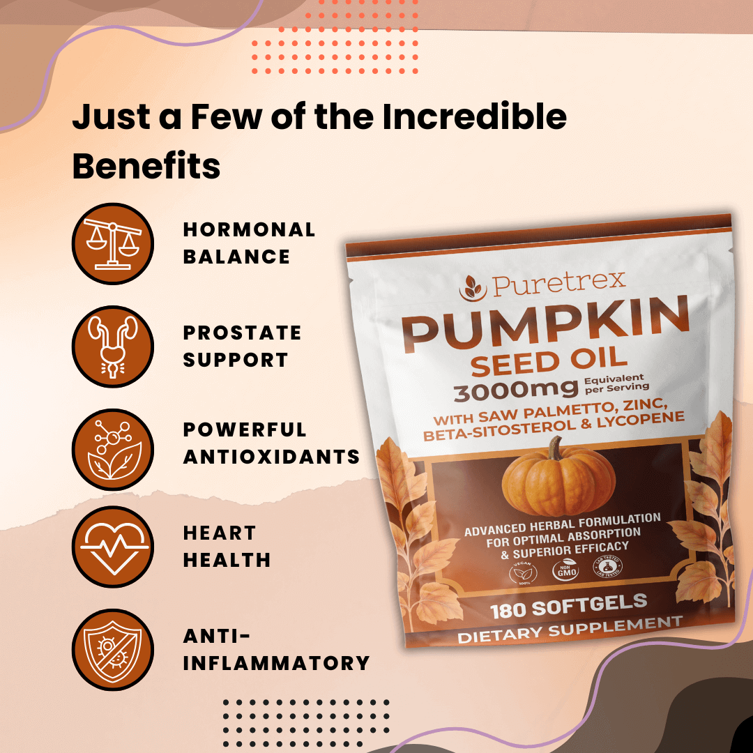 PURETREX Pumpkin Seed Extract softgels product image highlighting benefits for prostate health, urinary comfort, and hormone balance