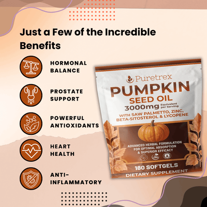 PURETREX Pumpkin Seed Extract softgels product image highlighting benefits for prostate health, urinary comfort, and hormone balance