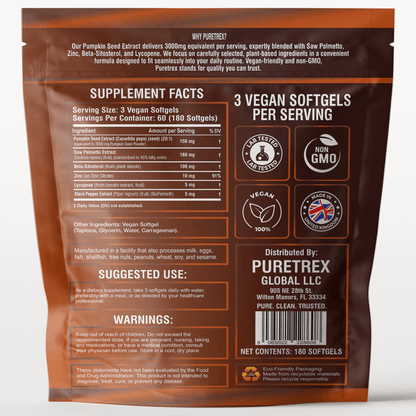 Supplement Facts panel for PURETREX Pumpkin Seed Extract showing dosage, nutritional values, and natural ingredients with manufacturing details