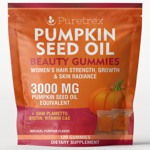 Puretrex Pumpkin Seed Oil Beauty Gummies front packaging showing women’s hair strength, growth and skin radiance support with 3000 mg pumpkin seed oil equivalent