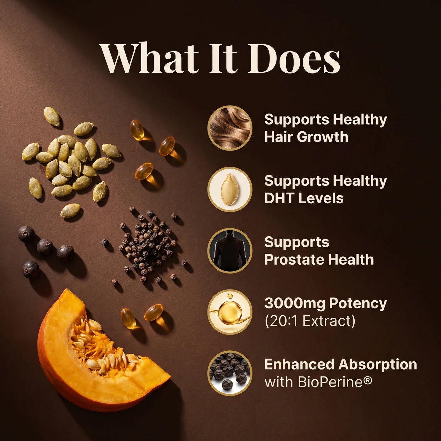 Pumpkin seed oil 3000mg supplement benefits: hair growth, healthy DHT levels, prostate support, 20:1 extract with BioPerine absorption.