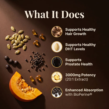Pumpkin seed oil 3000mg supplement benefits: hair growth, healthy DHT levels, prostate support, 20:1 extract with BioPerine absorption.