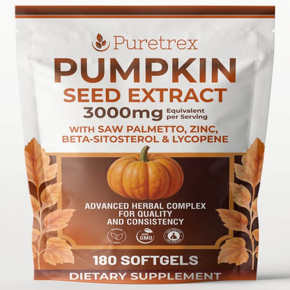 Front view of PURETREX Pumpkin Seed Oil food supplement pouch on a light background, showing the product name Pumpkin Seed Oil and dosage of 3000 milligrams equivalent per serving, with added saw palmetto, zinc, beta sitosterol and lycopene, illustrated pumpkin and autumn leaves, text highlighting advanced herbal formulation for optimal absorption and superior efficacy, and icons indicating quality standards and 180 softgels inside the pack