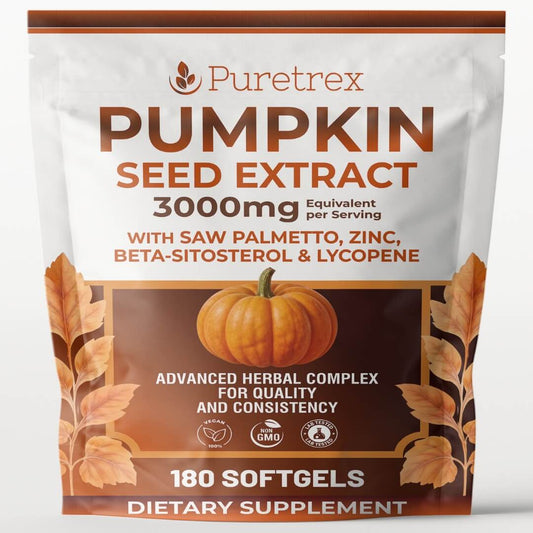 Front view of PURETREX Pumpkin Seed Oil food supplement pouch on a light background, showing the product name Pumpkin Seed Oil and dosage of 3000 milligrams equivalent per serving, with added saw palmetto, zinc, beta sitosterol and lycopene, illustrated pumpkin and autumn leaves, text highlighting advanced herbal formulation for optimal absorption and superior efficacy, and icons indicating quality standards and 180 softgels inside the pack