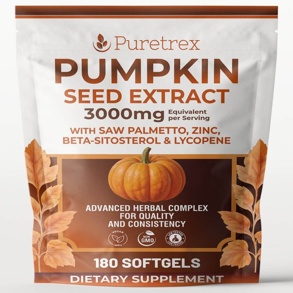 Front view of PURETREX Pumpkin Seed Oil food supplement pouch on a light background, showing the product name Pumpkin Seed Oil and dosage of 3000 milligrams equivalent per serving, with added saw palmetto, zinc, beta sitosterol and lycopene, illustrated pumpkin and autumn leaves, text highlighting advanced herbal formulation for optimal absorption and superior efficacy, and icons indicating quality standards and 180 softgels inside the pack