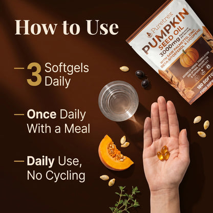 How to take Puretrex pumpkin seed oil — 3 vegan softgels once daily with a meal for hair growth and prostate support, no cycling needed.