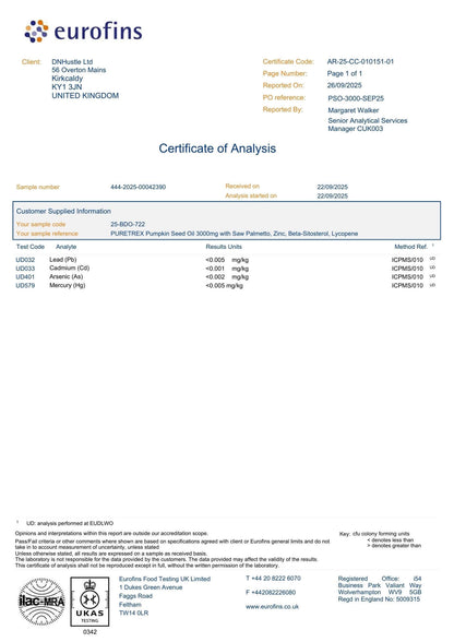 Laboratory test report document displaying analytical results for PURETREX Pumpkin Seed Oil supplement, including product identification details, testing parameters, quality control results and compliance information presented in a formal report layout