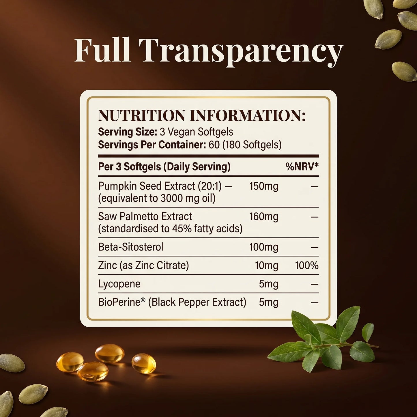 Pumpkin seed oil supplement facts label, 180 vegan softgels, 60 servings, pumpkin seed extract with saw palmetto and zinc citrate.