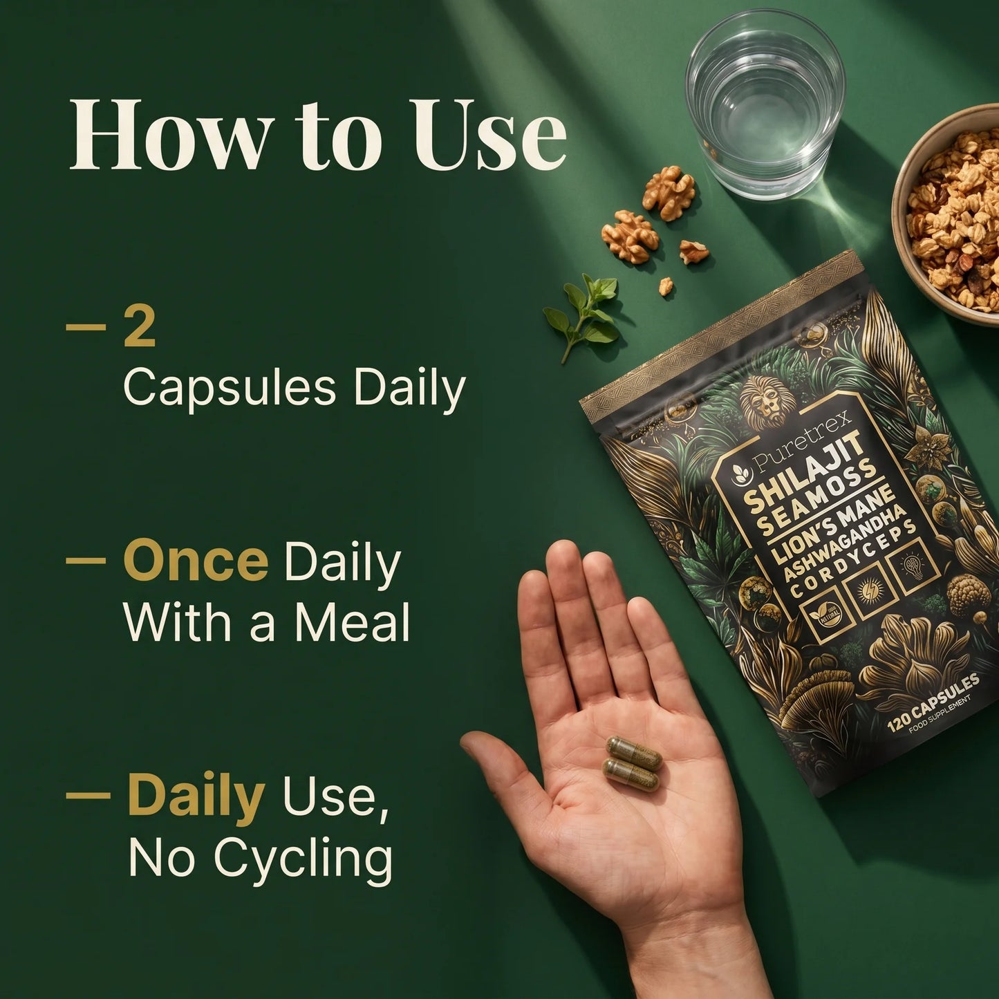 How to take Puretrex shilajit sea moss capsules — 2 vegan capsules once daily with a meal, suitable for daily use with no cycling needed.