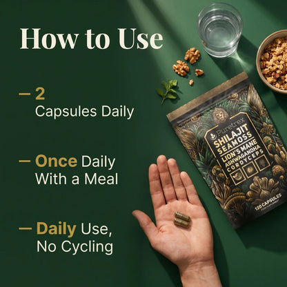 How to take Puretrex shilajit sea moss capsules — 2 vegan capsules once daily with a meal, suitable for daily use with no cycling needed.