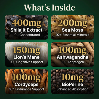 Shilajit sea moss capsules with 400mg shilajit extract, 200mg sea moss, 150mg lion's mane, 100mg ashwagandha, cordyceps and BioPerine.