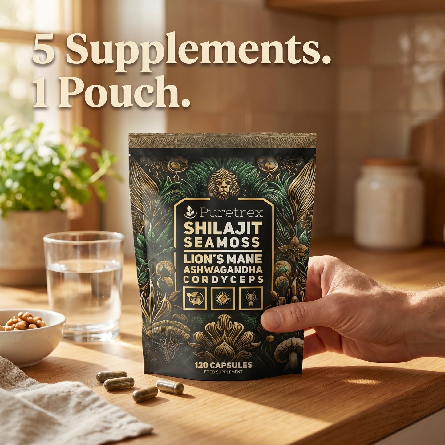 Puretrex shilajit sea moss with lion's mane, ashwagandha and cordyceps, 120 vegan capsules 6-in-1 herbal adaptogen supplement pouch.