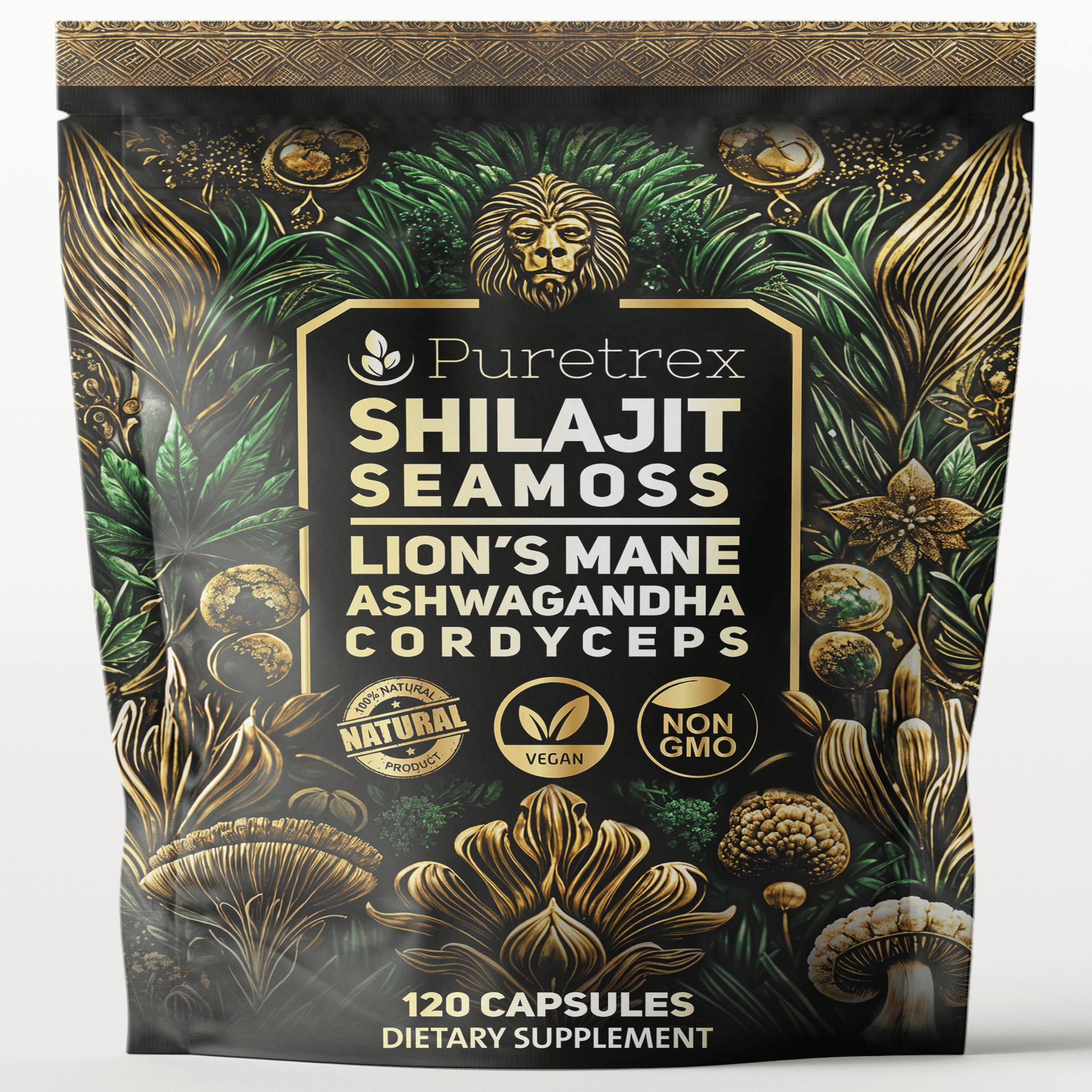 PURETREX Shilajit Seamoss Lion’s Mane Ashwagandha Cordyceps supplement pouch, 120 vegan capsules for energy, focus, vitality, and overall wellness