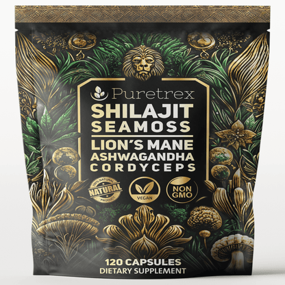PURETREX Shilajit Seamoss Lion’s Mane Ashwagandha Cordyceps supplement pouch, 120 vegan capsules for energy, focus, vitality, and overall wellness