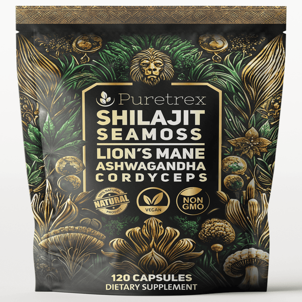 PURETREX Shilajit Seamoss Lion’s Mane Ashwagandha Cordyceps supplement pouch, 120 vegan capsules for energy, focus, vitality, and overall wellness