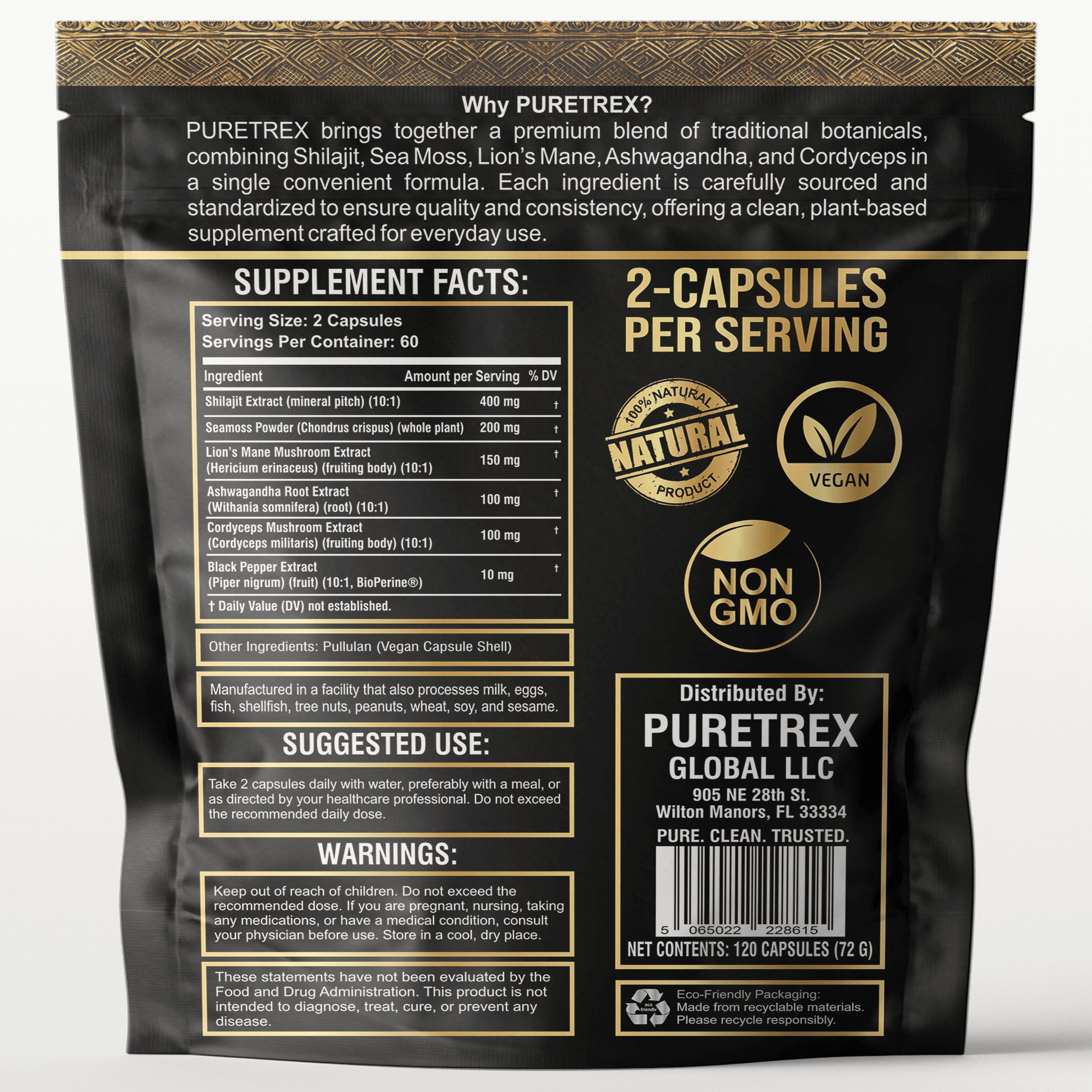 Supplement Facts for PURETREX Shilajit Seamoss Lion’s Mane Ashwagandha Cordyceps showing ingredients, serving size, and nutritional information