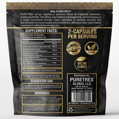Supplement Facts for PURETREX Shilajit Seamoss Lion’s Mane Ashwagandha Cordyceps showing ingredients, serving size, and nutritional information