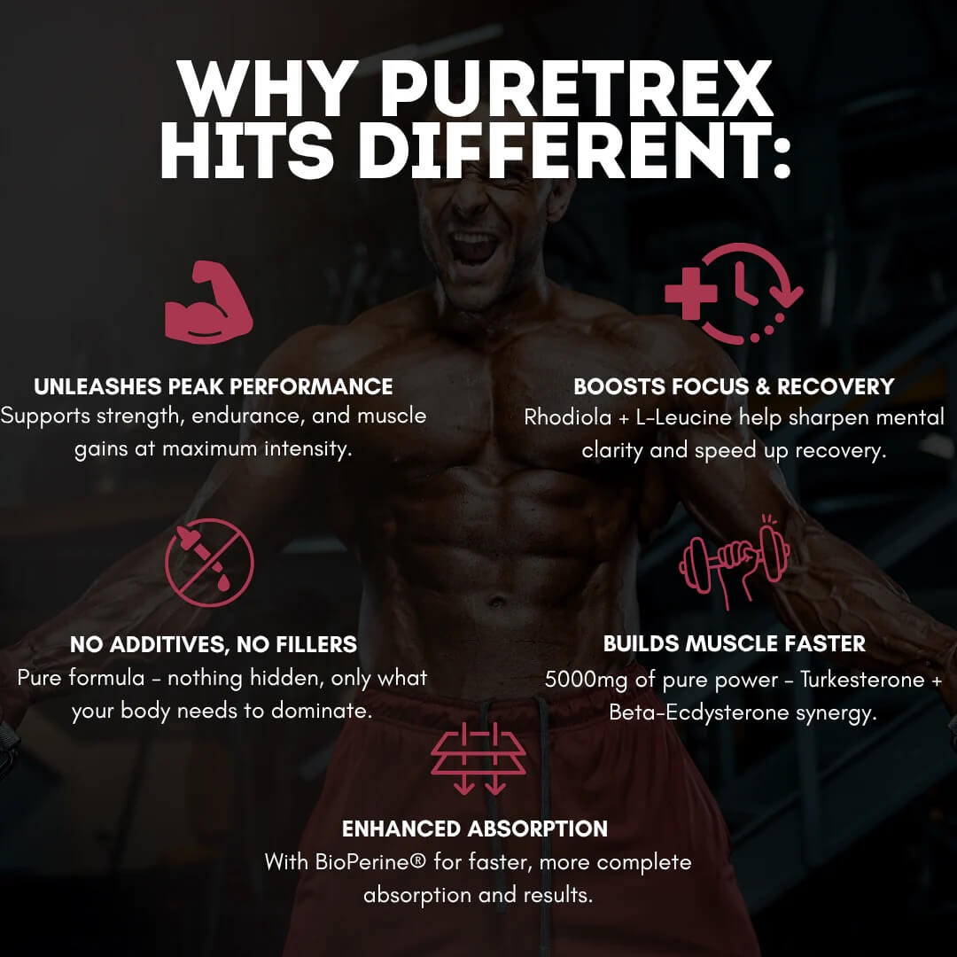 Bodybuilder holding PURETREX Ultra Turkesterone Complex supplement with caption Unleash Your Beast, Build, Conquer, Dominate emphasizing strength and muscle growth