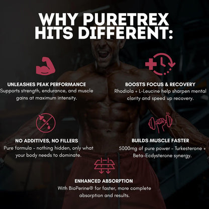 Bodybuilder holding PURETREX Ultra Turkesterone Complex supplement with caption Unleash Your Beast, Build, Conquer, Dominate emphasizing strength and muscle growth