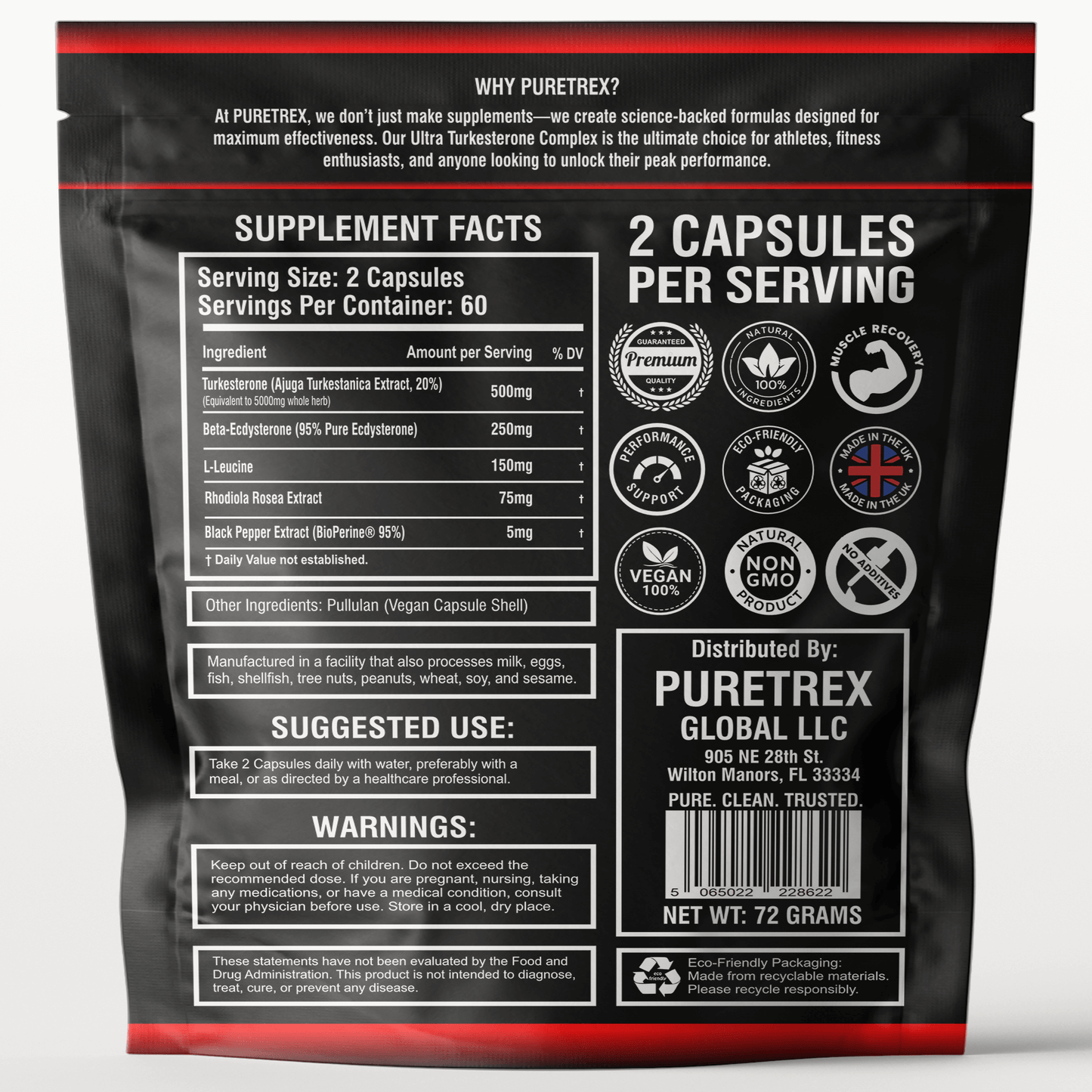 Supplement Facts for PURETREX Ultra Turkesterone Complex showing dosage, ingredients, and serving information for 120 capsules