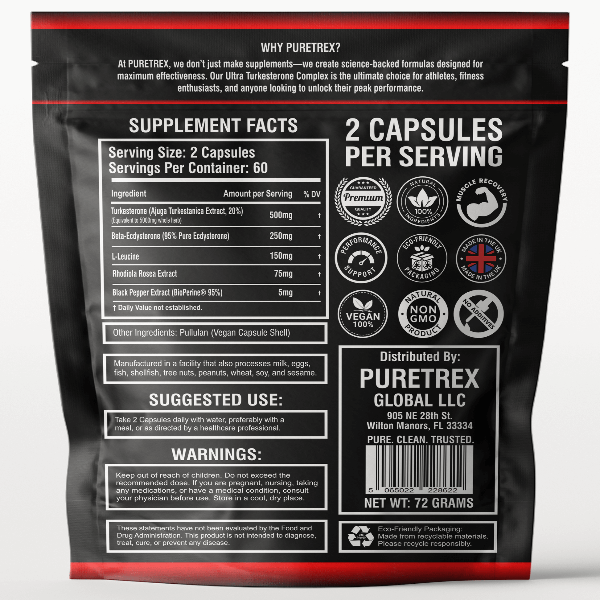 Supplement Facts for PURETREX Ultra Turkesterone Complex showing dosage, ingredients, and serving information for 120 capsules