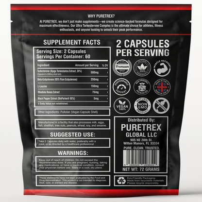 Supplement Facts for PURETREX Ultra Turkesterone Complex showing dosage, ingredients, and serving information for 120 capsules