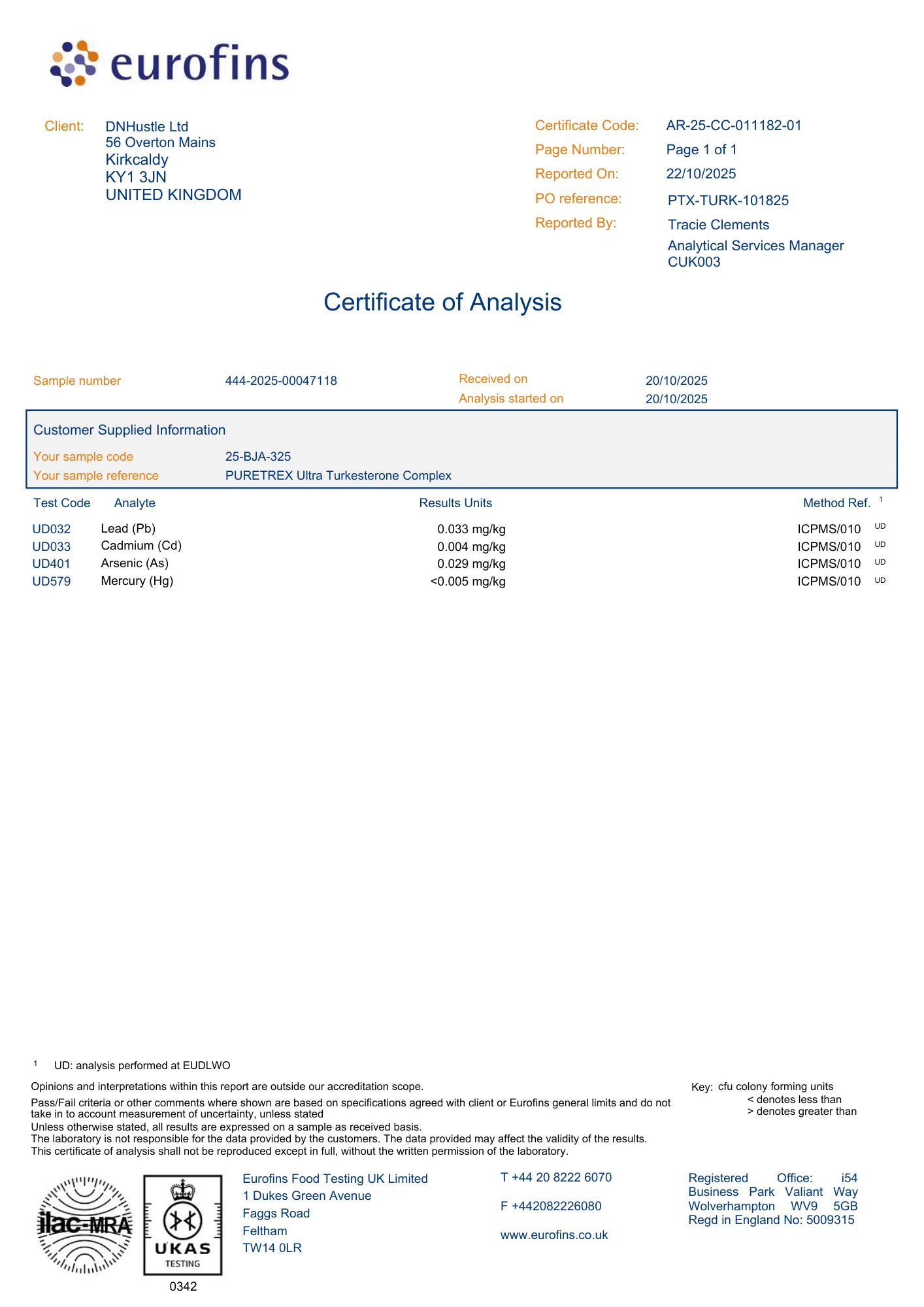 Certificate of Analysis for PURETREX Ultra Turkesterone Complex confirming purity, potency, and third-party lab testing results
