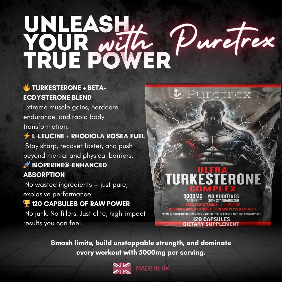 PURETREX Ultra Turkesterone Complex graphic highlighting increased strength, lean muscle, and endurance benefits for athletes and fitness performance